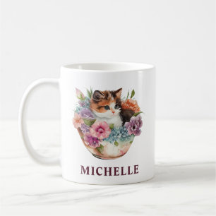 Prachtige Waterverf Calico Cat en Flowers Koffiemok