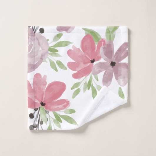 Prachtige Waterverf Floral Print Mauve Lila Bad Handdoek (Wasdoekje)