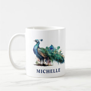 Prachtige waterverf gepersonaliseerde pauw koffiemok