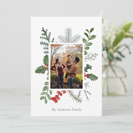 Prachtige Waterverf Greenery Foto Kerstmis Feestdagenkaart (Staand voorkant)
