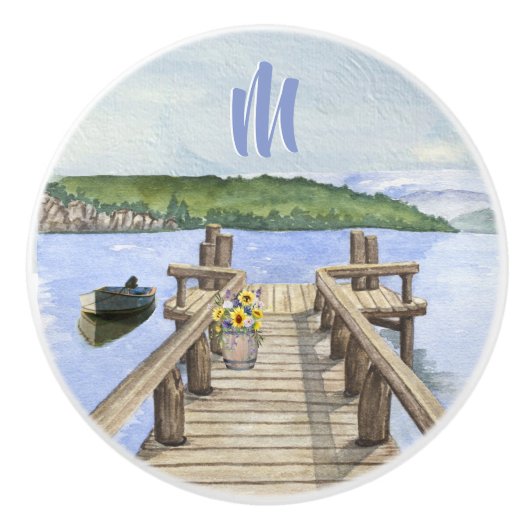 Prachtige Waterverf Lake Dock Scene Keramische Knop (Voorkant)