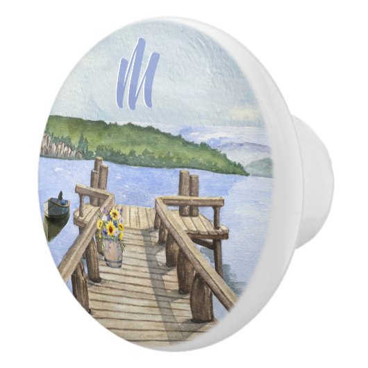 Prachtige Waterverf Lake Dock Scene Keramische Knop (Rechts)