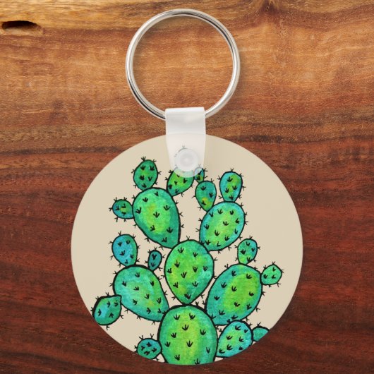 Prachtige Waterverf Prickly Cactus Sleutelhanger (Voorkant)