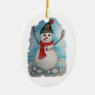 Prachtige waterverf sneeuwman met sjaal en pet keramisch ornament