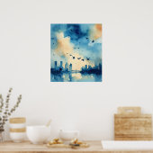 Prachtige waterverf stijl blauw, vogelvliegen acro poster (Keuken)