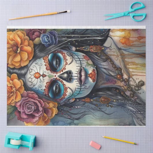 Prachtige Waterverf Sugar Skull Vrouw Decoupage Tissuepapier (Craft)