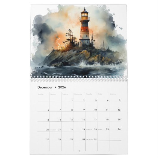 Prachtige Waterverf vuurtoren 12 maanden kalender (Dec 2026)