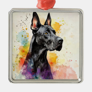 PRACHTIGE WATERVERF ZWARTE GREAT DANE HOND METALEN ORNAMENT