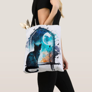 PRACHTIGE WATERVERF ZWARTE KAT ZITTEND IN EEN VENS TOTE BAG