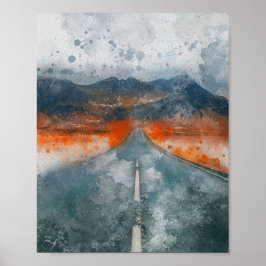 Prachtige weg met bergen landschap schilderij poster