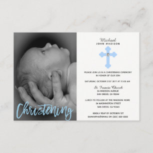 Prachtige White Blue Cross Boy PHOTO Christening Kaart