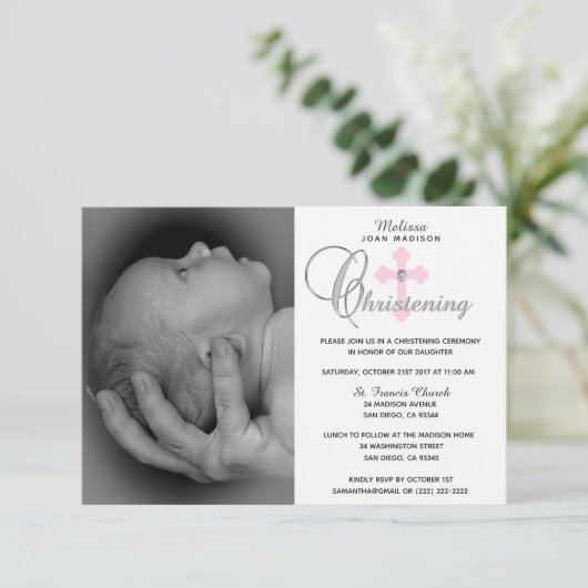 Prachtige White Pink Cross Girl PHOTO Christening Kaart (Staand voorkant)