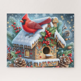 Prachtige winter kardinaalvogel met vogelhuisje legpuzzel