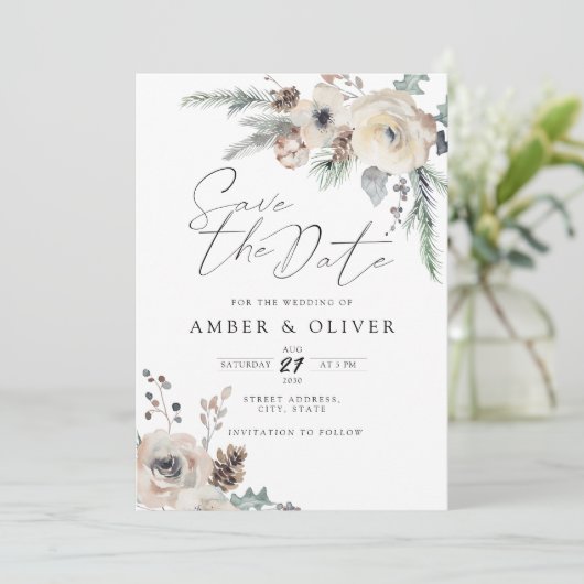 Prachtige winterbloemen sparen de datum uitnodigin kaart (Staand voorkant)