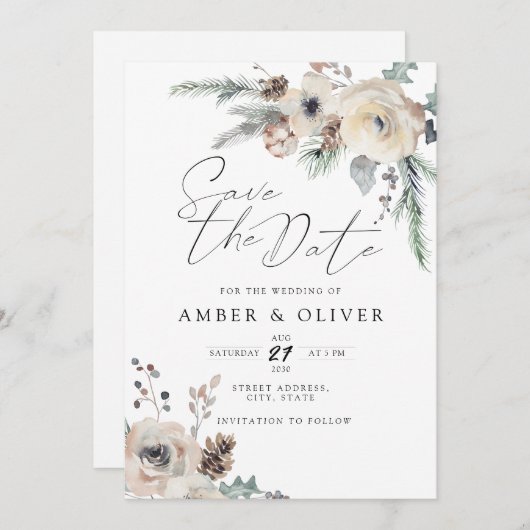 Prachtige winterbloemen sparen de datum uitnodigin kaart (Voorkant / Achterkant)