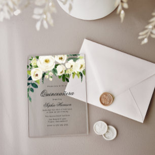 Prachtige witte bloemen Quinceanera 15e verjaardag Acryl Uitnodigingen