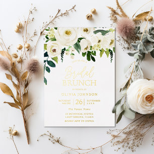 Prachtige Witte Bloemige Bruids-Shower Brunch Goud Folie Uitnodiging