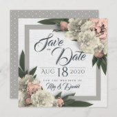 Prachtige witte en perzik bloemige pioenrozen save the date (Voorkant / Achterkant)