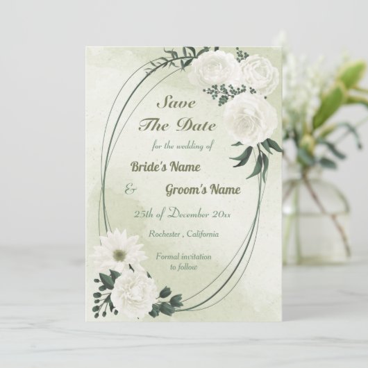 prachtige witte florale geometrie save the date (Staand voorkant)