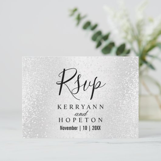 Prachtige witte glitter - RSVP Kaartje (Staand voorkant)