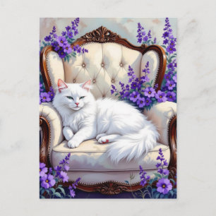 Prachtige witte kat en paarse bloemen briefkaart