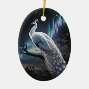 Prachtige Witte Pauw Aurora Borealis Landschap Keramisch Ornament