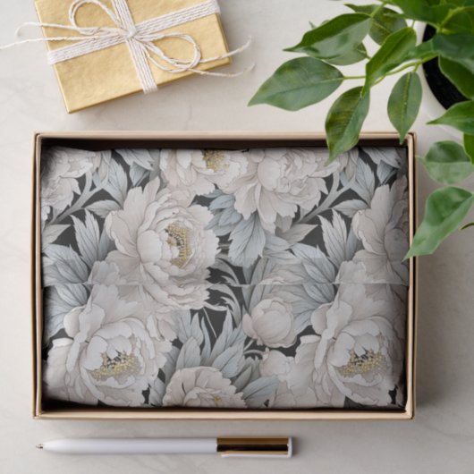 Prachtige witte pioen illustraties donkere achterg tissuepapier (Geschenk)