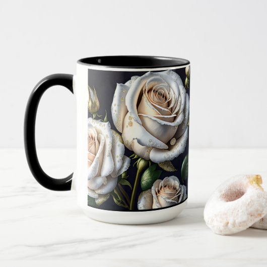 Prachtige witte rozen met gouden details mok (Met donut)