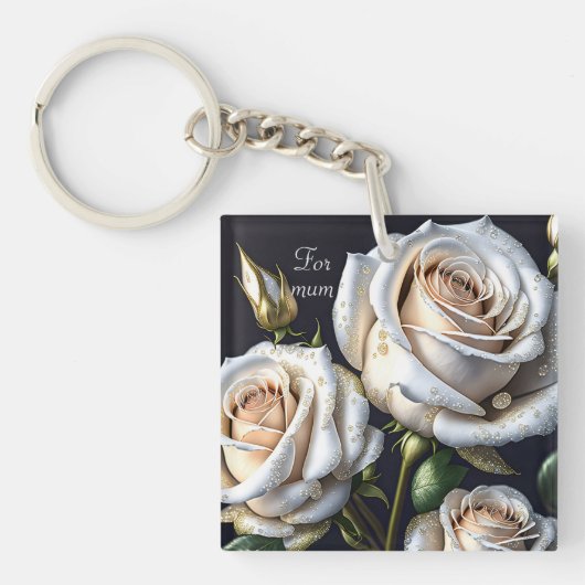 Prachtige witte rozen met gouden details sleutelhanger (voorkant)