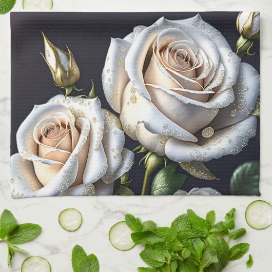 Prachtige witte rozen met gouden details theedoek (Gevouwen)