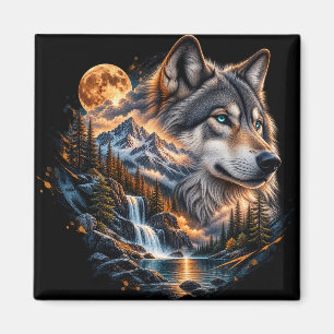 Prachtige Wolf Volle Maan Berg Waterval Vierkant Magneet