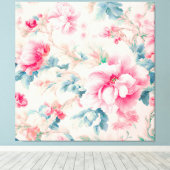 Prachtige zachte roze bloemen en cerulean bladeren canvas afdruk (Insitu (Houten vloer))