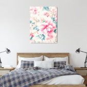 Prachtige zachte roze bloemen en cerulean bladeren canvas afdruk (Insitu (Slaapkamer))