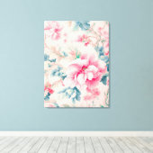 Prachtige zachte roze bloemen en cerulean bladeren canvas afdruk (Insitu (Houten vloer))