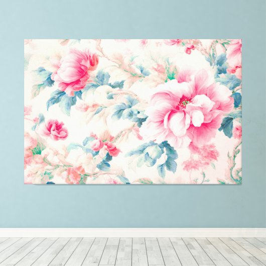Prachtige zachte roze bloemen en cerulean bladeren canvas afdruk (Insitu (Houten vloer))