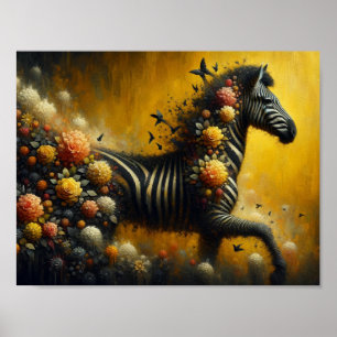 Prachtige Zebra en bloemen op een gele achtergrond Poster