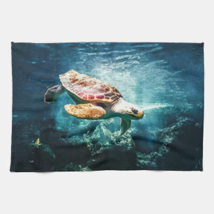 Prachtige Zee Turtle Ocean Onderwater Afbeelding Theedoek