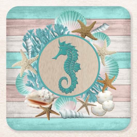 Prachtige zeeschelp & zeepaardontwerp kartonnen onderzetters (Voorkant)
