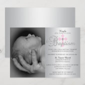 Prachtige Zilveren Roze Kruis Meisje FOTO DOOP Kaart (Voorkant / Achterkant)