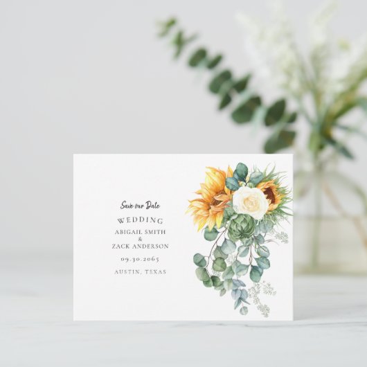 Prachtige Zonnebloem Eucalyptus Wedding Save Date Aankondigingskaart (Staand voorkant)