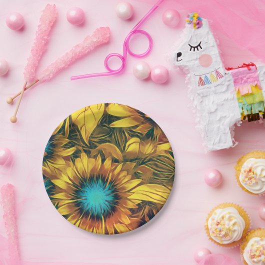 Prachtige zonnebloem Geel Blauwgroen Florentijn Papieren Bordje (Feest)