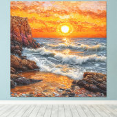 Prachtige zonsondergang over de oceaan met golven canvas afdruk (Insitu (Houten vloer))