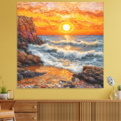 Prachtige zonsondergang over de oceaan met golven canvas afdruk (Insitu (Woonkamer))