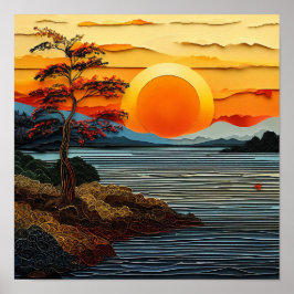 Prachtige zonsondergang over een rivier met bloeme poster