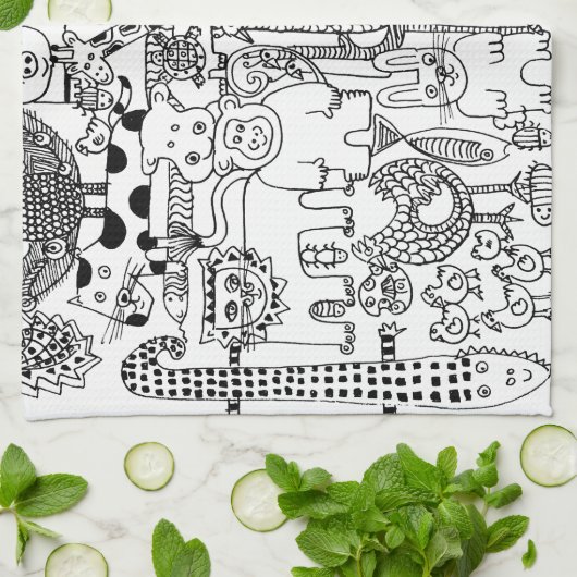 Prachtige Zwarte en Witte Kunst van Wilde Dieren Theedoek (Gevouwen)