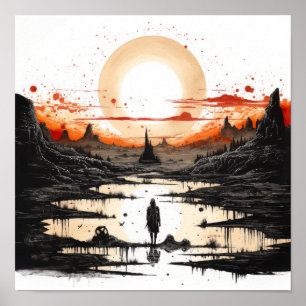 Prachtige zwarte inkt tekening van Native American Poster