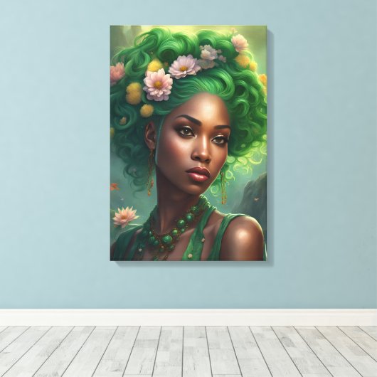 Prachtige zwarte vrouw in een bloementuin canvas afdruk (Insitu (Houten vloer))