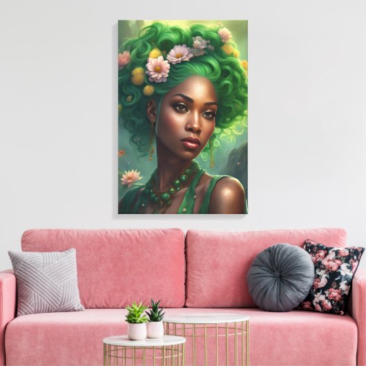Prachtige zwarte vrouw in een bloementuin canvas afdruk (Insitu (Woonkamer))