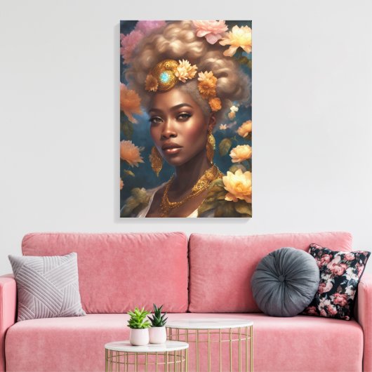 Prachtige zwarte vrouw in een bloementuin canvas afdruk (Insitu (Woonkamer))