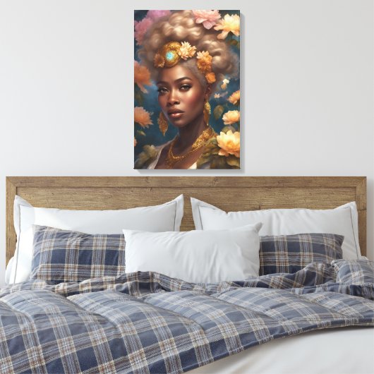 Prachtige zwarte vrouw in een bloementuin canvas afdruk (Insitu (Slaapkamer))